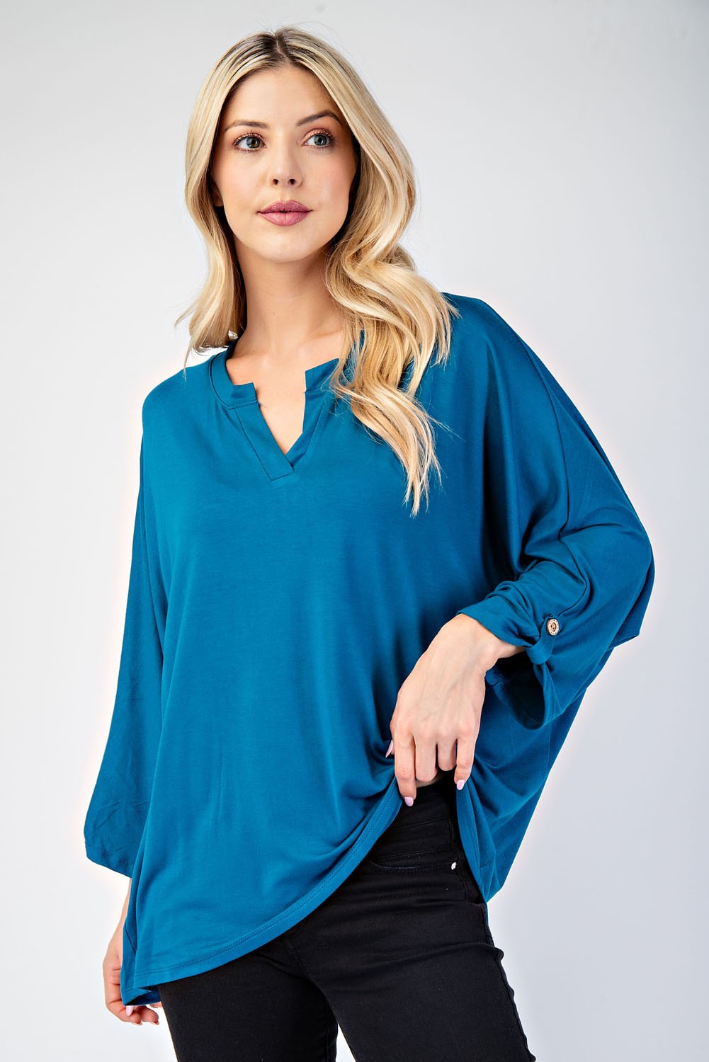 Notched Three-Quarter Sleeve Blouse in Teal