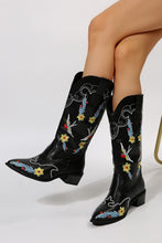 Load image into Gallery viewer, Embroidered Point Toe Block Heel Boots
