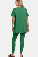 Load image into Gallery viewer, V-Neck Rolled Short Sleeve T-Shirt and Leggings Lounge Set in Forest
