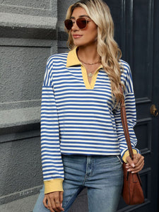 Striped Johnny Collar Long Sleeve Sweatshirt (multiple color options)