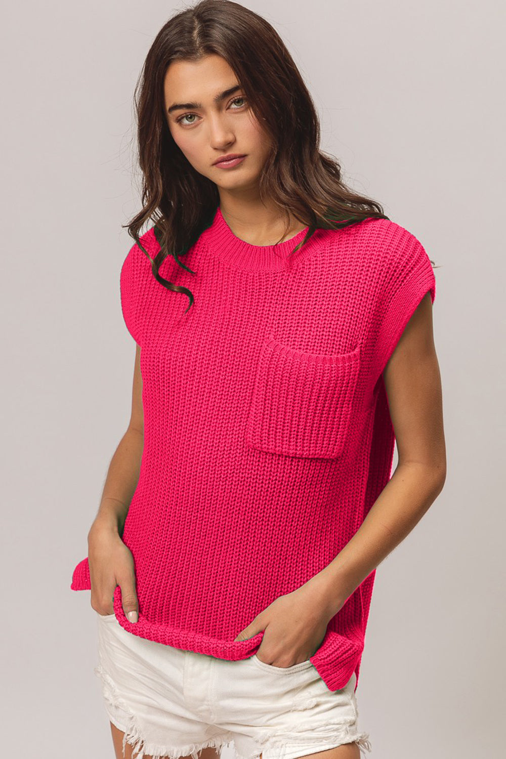 Patch Pocket Cap Sleeve Sweater Top in Fuchsia
