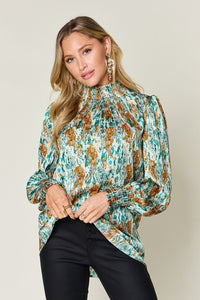 Printed Smocked Long Sleeve Blouse