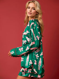 Printed Collared Neck Long Sleeve Top and Shorts Pajama Set (multiple color options)