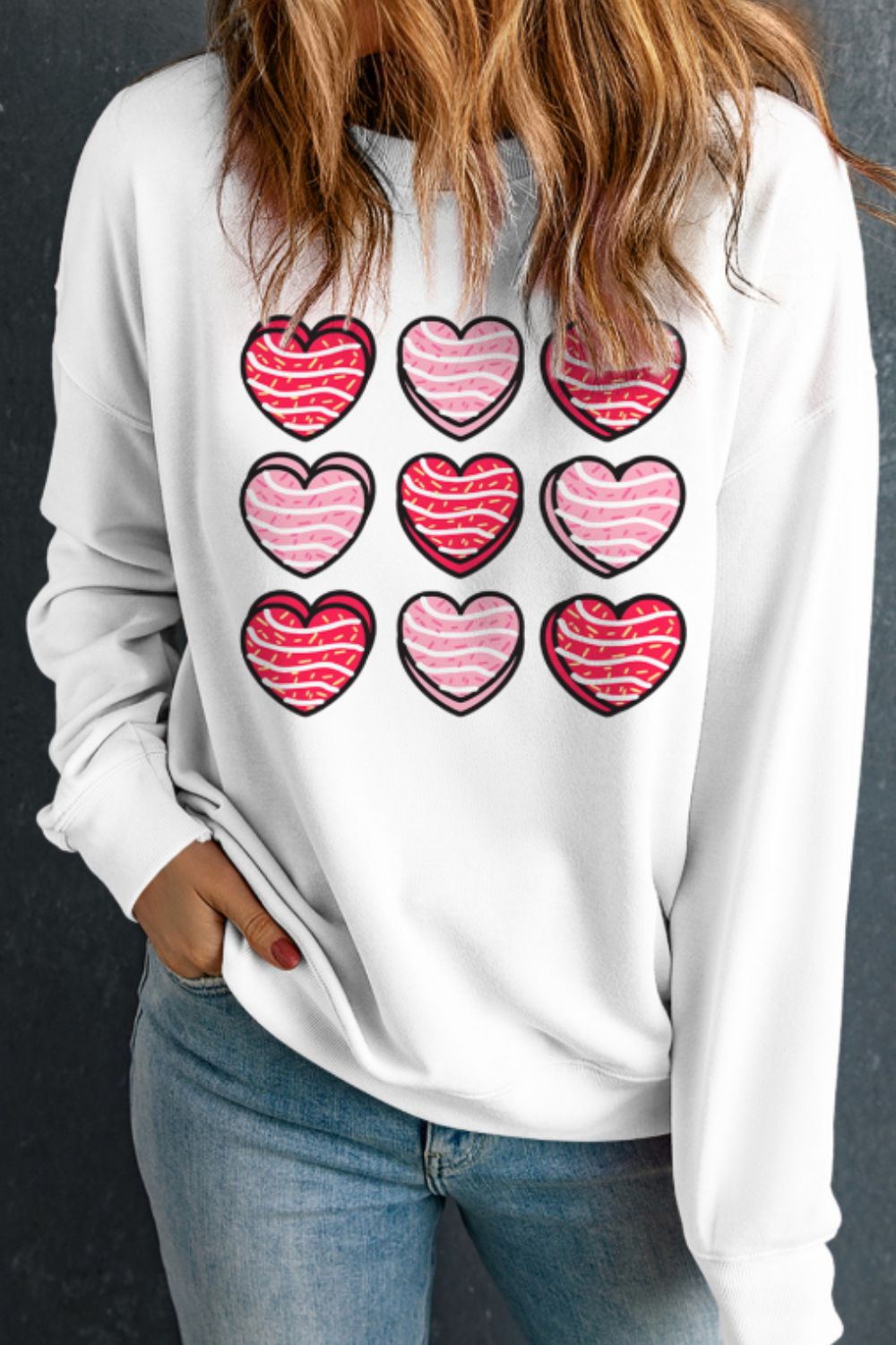 Valentine's Day Heart Round Neck Long Sleeve Graphic Sweatshirt