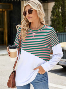 Slit Contrast Striped Long Sleeve Sweatshirt (multiple color options)