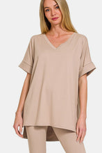 Load image into Gallery viewer, V-Neck Rolled Short Sleeve T-Shirt and Leggings Lounge Set in Lt Mocha
