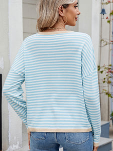 Striped Contrast Round Neck Long Sleeve Sweater (multiple color options)