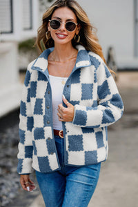 Checkered Snap Down Long Sleeve Teddy Jacket  (multiple color options)