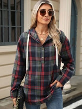 Load image into Gallery viewer, Drawstring Plaid Hooded Long Sleeve Top (multiple color options)
