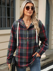 Drawstring Plaid Hooded Long Sleeve Top (multiple color options)