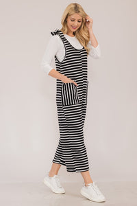 Striped Scoop Neck Overalls with Pockets