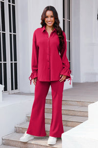 Drawstring Flounce Sleeve Shirt and Pants Set (multiple color options)