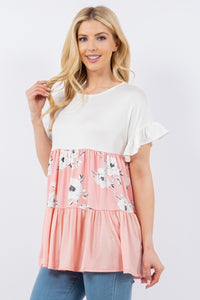 Floral Color Block Ruffled Short Sleeve Top (2 color options)