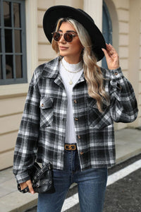 Pocketed Plaid Collared Neck Dropped Shoulder Jacket (multiple color options)