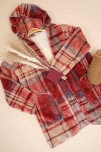 Fuzzy Plaid Long Sleeve Hooded Jacket