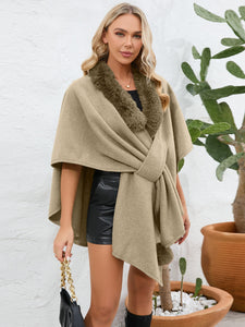 Fuzzy Trim Open Front Poncho (multiple color options)