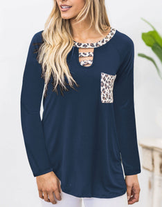 Cutout Leopard Round Neck Long Sleeve T-Shirt (multiple color options)