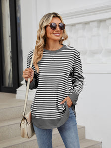 Striped Round Neck Long Sleeve Sweatshirt (multiple color options)