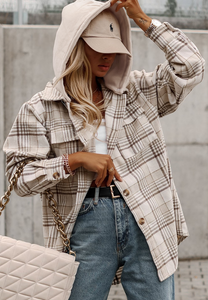 Plaid Removable Hood Button Up Shacket