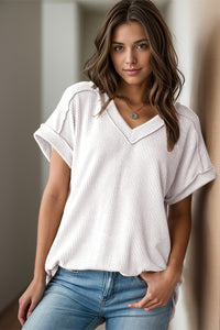 Textured V-Neck Short Sleeve Top (multiple color options)