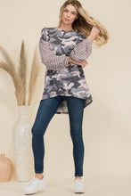 Load image into Gallery viewer, Camo Print High-Low T-Shirt with Stripe Sleeves
