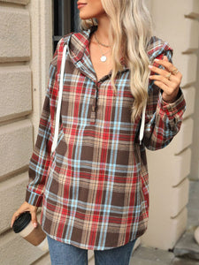 Drawstring Plaid Hooded Long Sleeve Top (multiple color options)