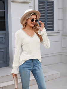 Lace Detail V-Neck Long Sleeve Top (multiple color options)