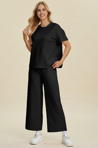 Texture Round Neck Short Sleeve Top and Pants Set  (multiple color options)