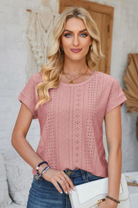 Eyelet Round Neck Rolled Short Sleeve Top (multiple color options)