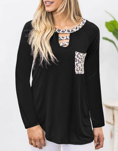 Cutout Leopard Round Neck Long Sleeve T-Shirt (multiple color options)