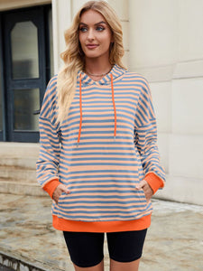 Drawstring Contrast Striped Long Sleeve Hoodie (multiple color options)