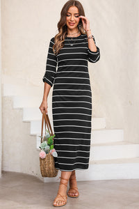 Slit Striped Round Neck Midi Dress (multiple color options)