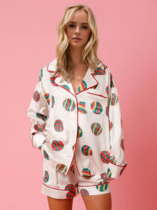 Printed Collared Neck Long Sleeve Top and Shorts Pajama Set (multiple color options)