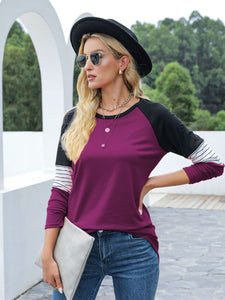 Contrast Striped Round Neck Long Sleeve T-Shirt (multiple color options)