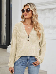 Ribbed Notched Long Sleeve Top (multiple color options)