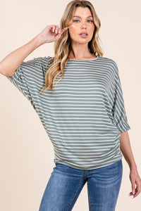 Striped Boat Neck Dolman Sleeve Top in Dusty Olive