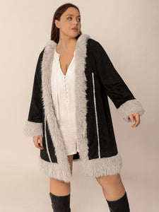 Fuzzy Trim Open Front Long Sleeve Hooded Coat