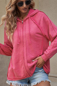 Exposed Seam Zip Up Long Sleeve Drawstring Hoodie (multiple color options)