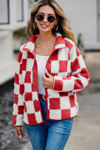 Checkered Snap Down Long Sleeve Teddy Jacket  (multiple color options)