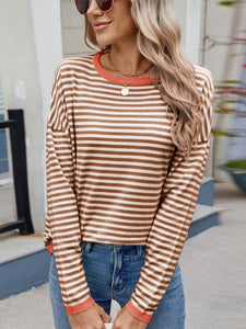 Striped Contrast Round Neck Long Sleeve Sweater (multiple color options)