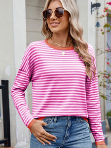 Striped Contrast Round Neck Long Sleeve Sweater (multiple color options)