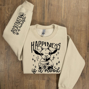 "Happiness Is A Mood" with Sleeve Accent Print Sweatshirt