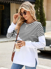 Load image into Gallery viewer, Slit Contrast Striped Long Sleeve Sweatshirt (multiple color options)
