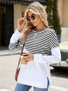 Slit Contrast Striped Long Sleeve Sweatshirt (multiple color options)