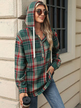 Load image into Gallery viewer, Drawstring Plaid Hooded Long Sleeve Top (multiple color options)
