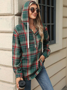 Drawstring Plaid Hooded Long Sleeve Top (multiple color options)