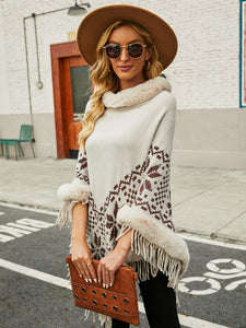 Fringe Geometric Cape Sleeve Poncho (multiple color options)