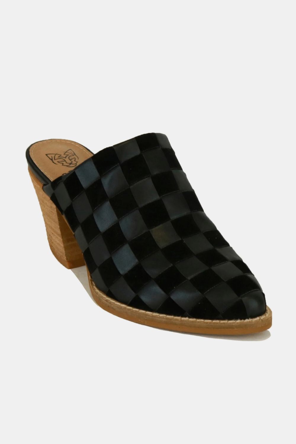 Woven Checkerboard Block Heel Mule Shoes in Black