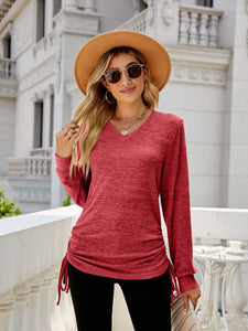 Drawstring V-Neck Long Sleeve Top (multiple color options)