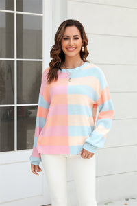 Round Neck Long Sleeve Color Block Dropped Shoulder Sweater (multiple color options)